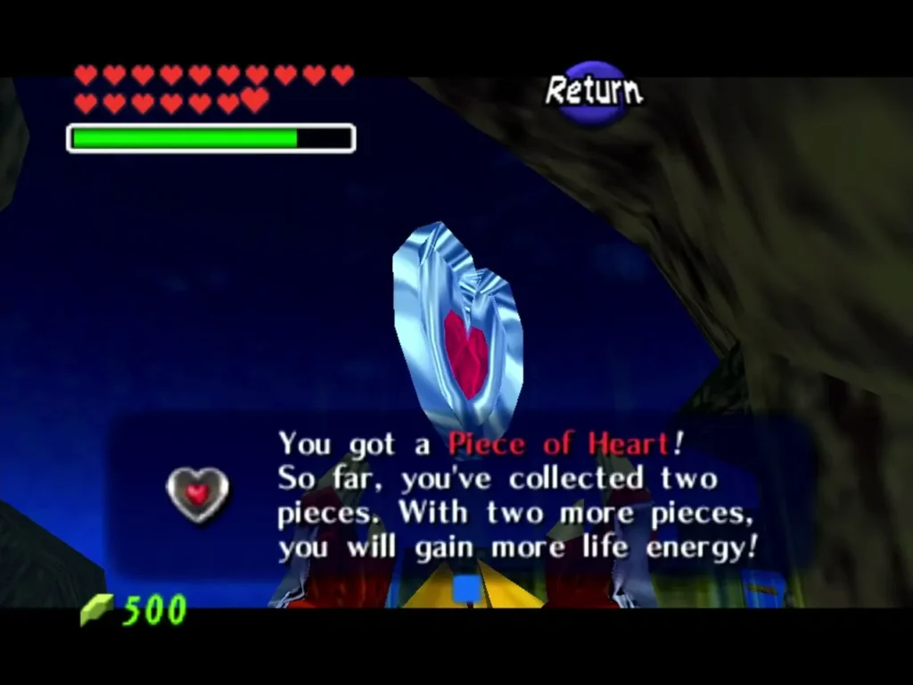 Link holding up the Piece of Heart from the roof chest with the message box shown Link holding up the Piece of Heart from the roof chest with the message box shown