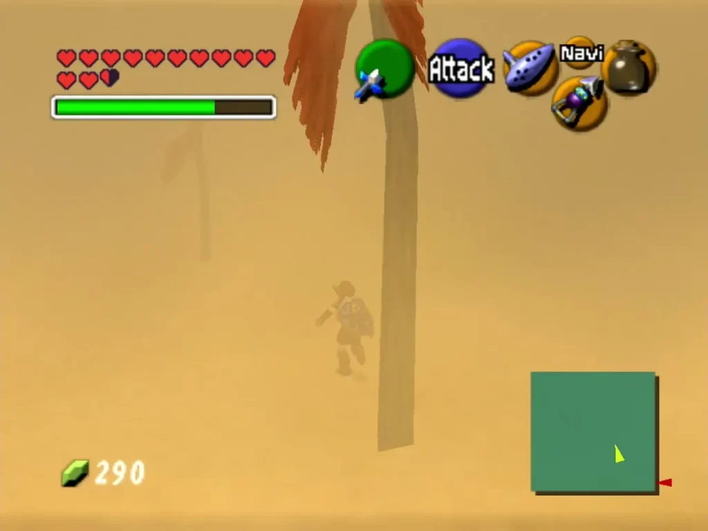 Link walking through blowing sand past a red marker flag Link walking through blowing sand past a red marker flag