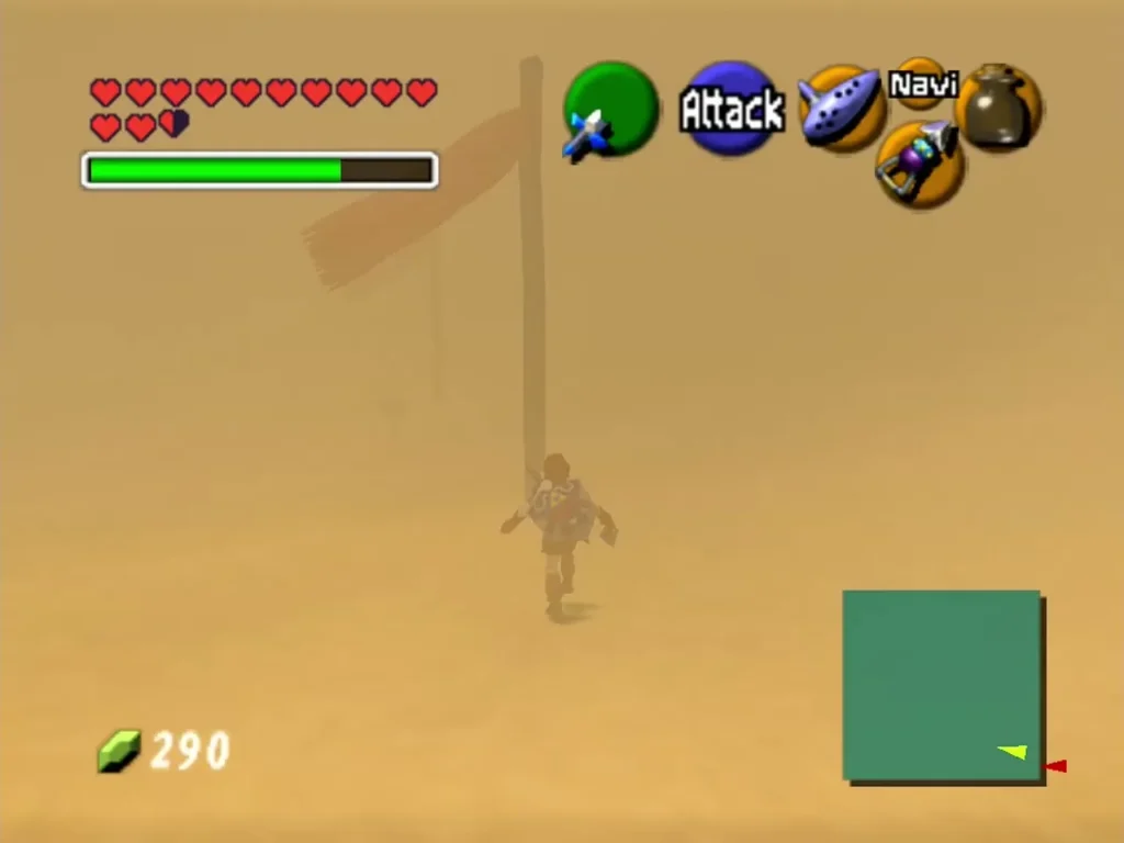 Link walking through the sandstorm beside a marker flag pole Link walking through the sandstorm beside a marker flag pole
