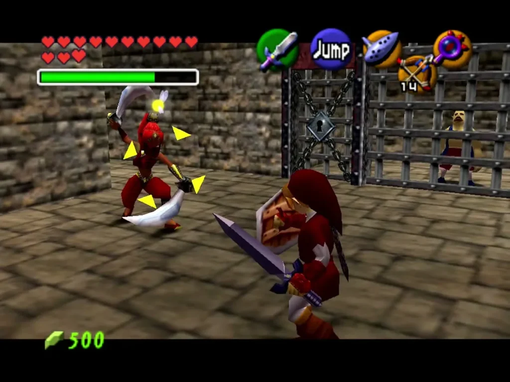 Link fighting a red armored Gerudo thief in a corridor beside a barred gate Link fighting a red armored Gerudo thief in a corridor beside a barred gate
