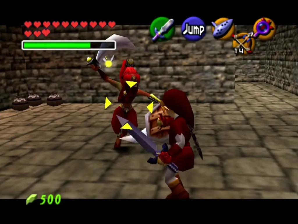 Link locked onto a red armored Gerudo thief with his sword raised Link locked onto a red armored Gerudo thief with his sword raised