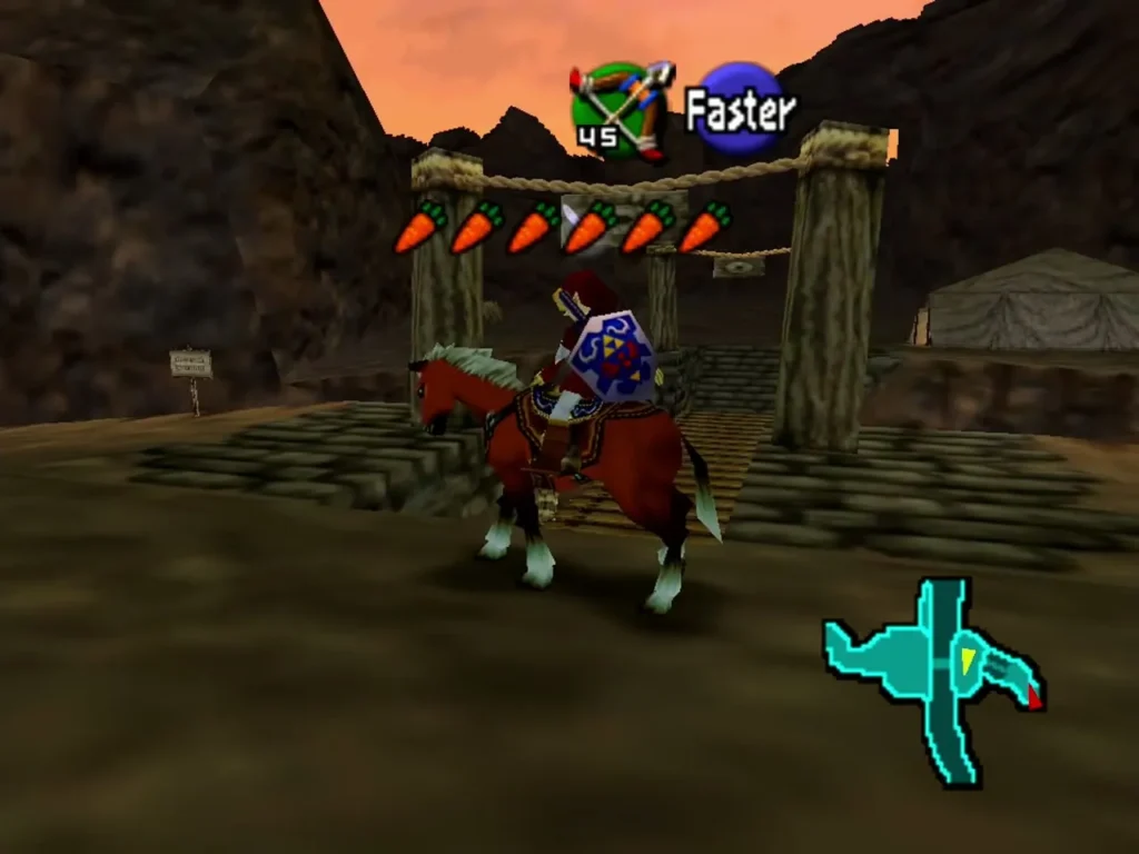Link on Epona at the rope gate of the fortress entrance under a sunset sky Link on Epona at the rope gate of the fortress entrance under a sunset sky