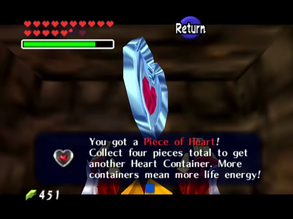Link holding up the Piece of Heart in the alcove behind the waterfall with the message box shown Link holding up the Piece of Heart in the alcove behind the waterfall with the message box shown