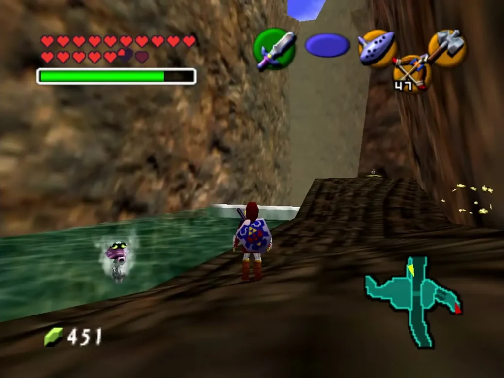 Link standing beside the pool under the Gerudo Valley waterfall Link standing beside the pool under the Gerudo Valley waterfall