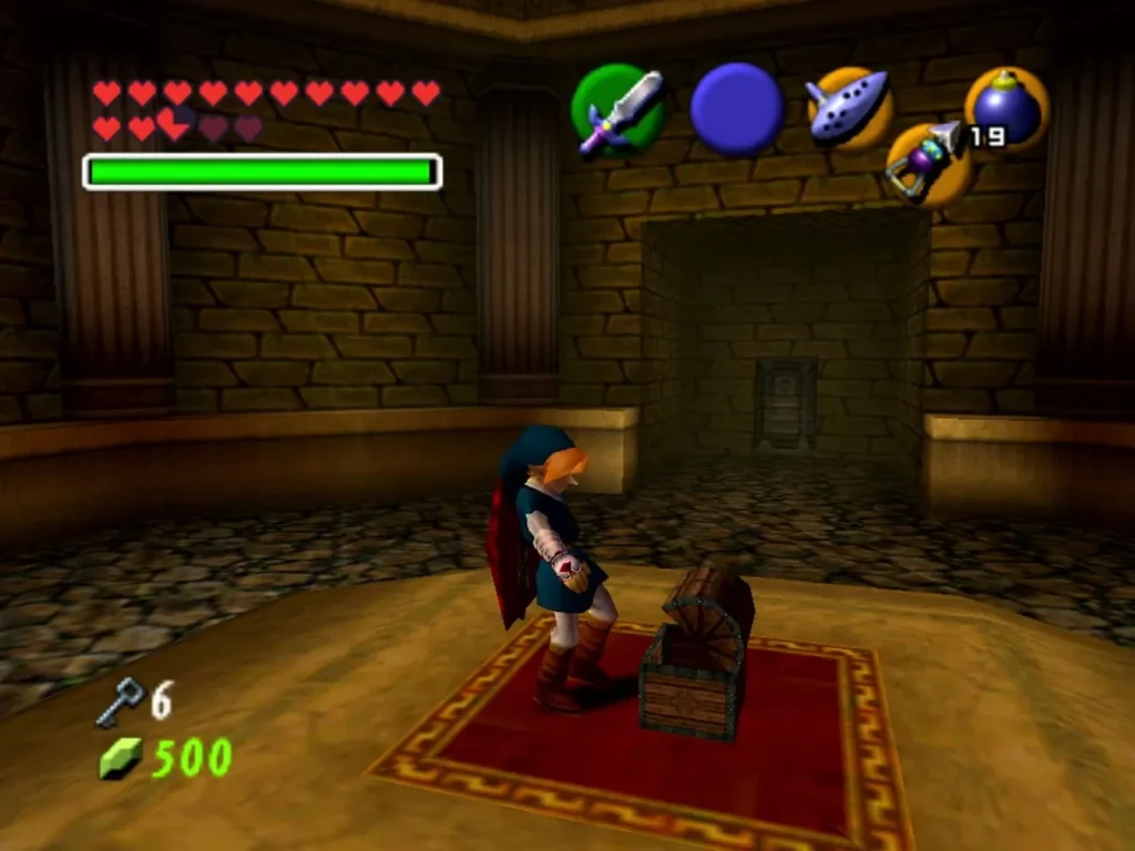 A chest on a red carpet in the Dinalfos room with Link beside it A chest on a red carpet in the Dinalfos room with Link beside it