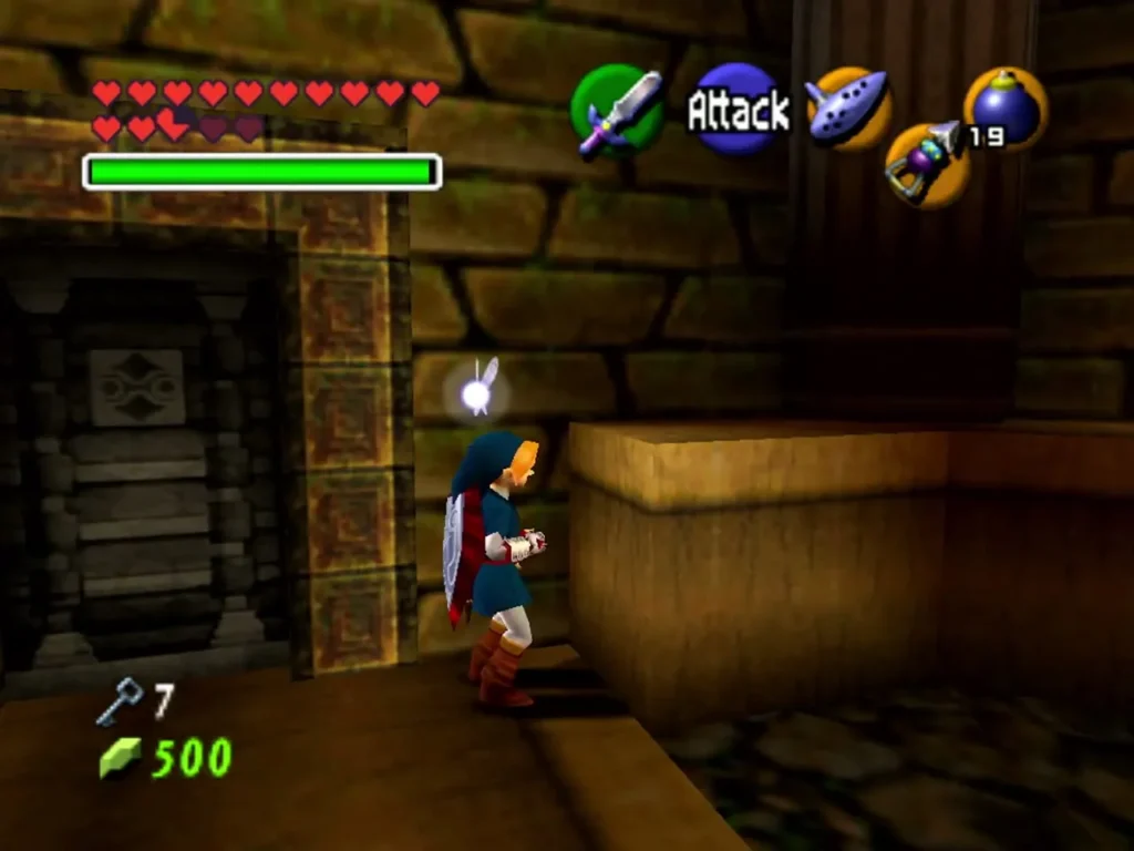 Link walking toward a doorway with seven Small Keys in hand Link walking toward a doorway with seven Small Keys in hand