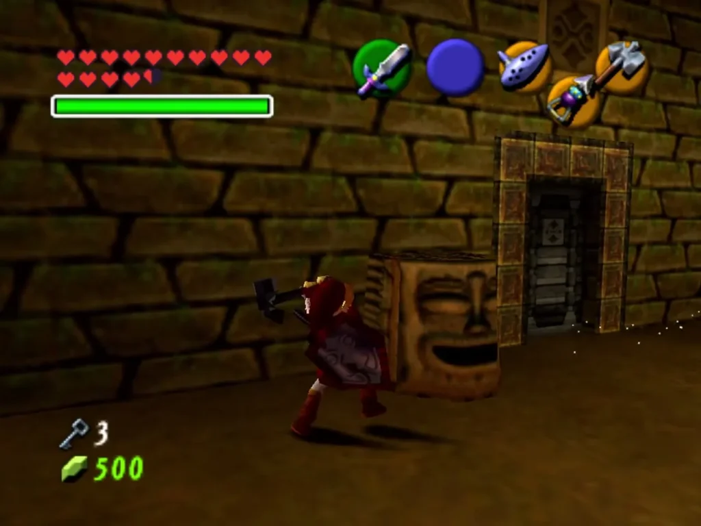 Link smashing a tiki statue with the Megaton Hammer in the flame room Link smashing a tiki statue with the Megaton Hammer in the flame room