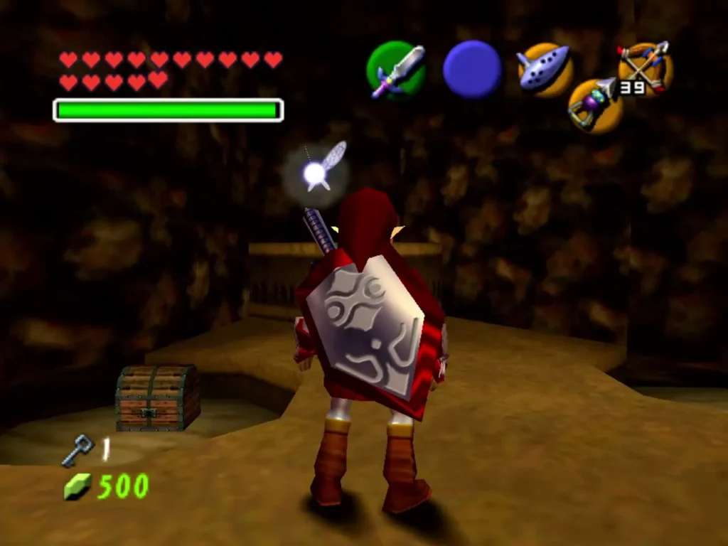 Link facing a chest in the dark room beside the sand pit Link facing a chest in the dark room beside the sand pit