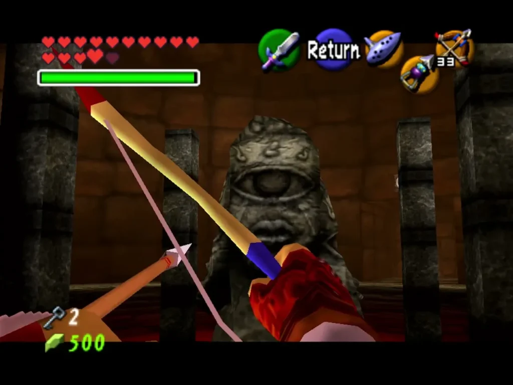An arrow flying toward the eye of a statue on the round lava platform An arrow flying toward the eye of a statue on the round lava platform