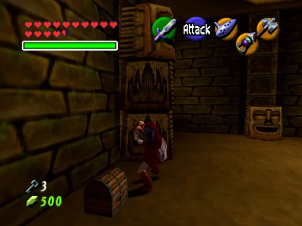 Link beside a closed chest and tiki statue in the flame room Link beside a closed chest and tiki statue in the flame room