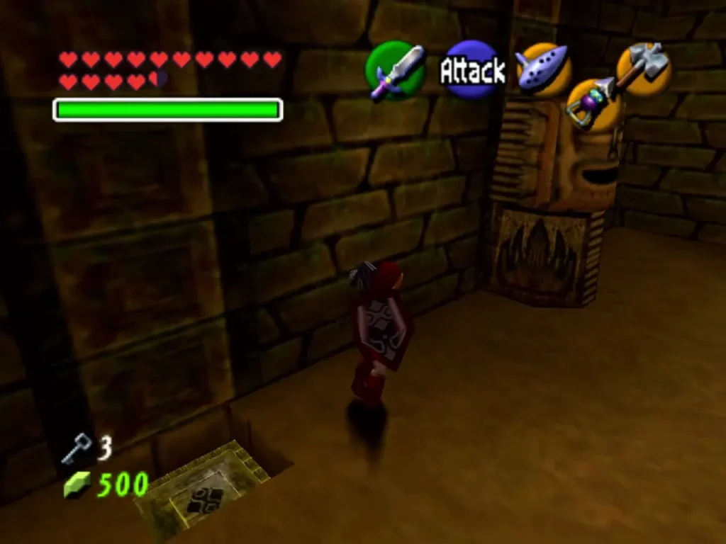 Link near an open floor hole with a switch under a statue in the flame room Link near an open floor hole with a switch under a statue in the flame room
