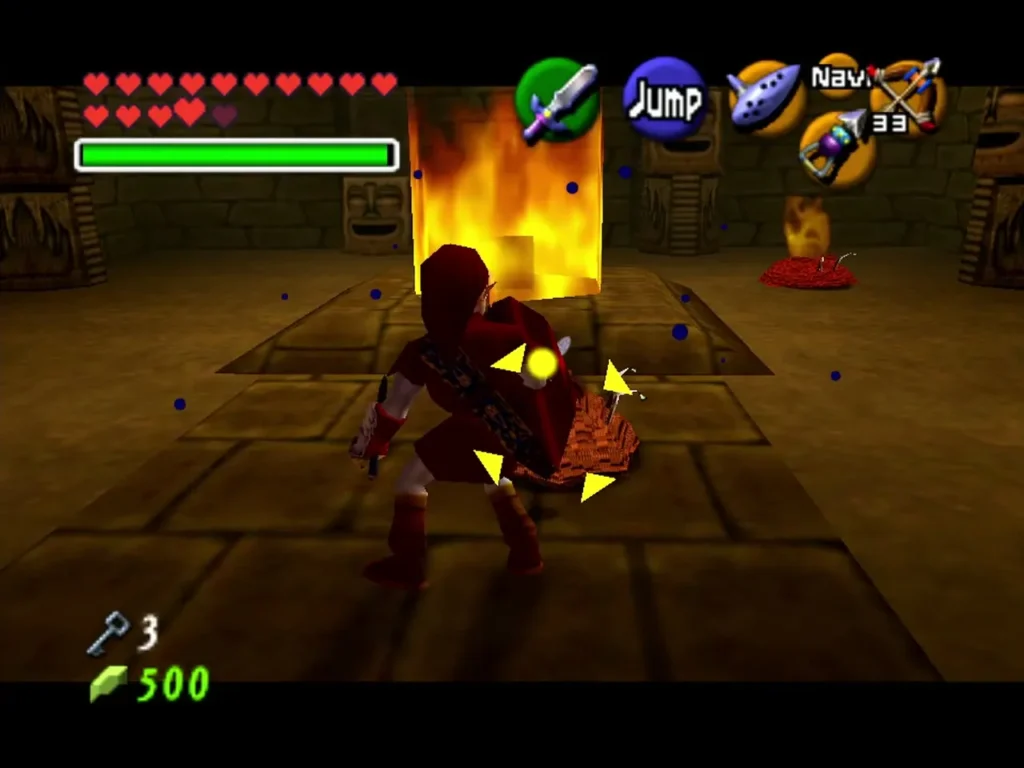 Link attacking a Torch Slug beside a burning fire pillar in the flame room Link attacking a Torch Slug beside a burning fire pillar in the flame room