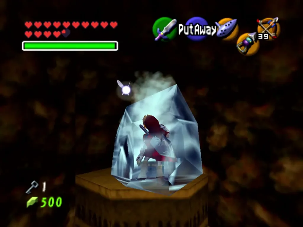 Link frozen in an ice block on the raised platform after the trap chest Link frozen in an ice block on the raised platform after the trap chest