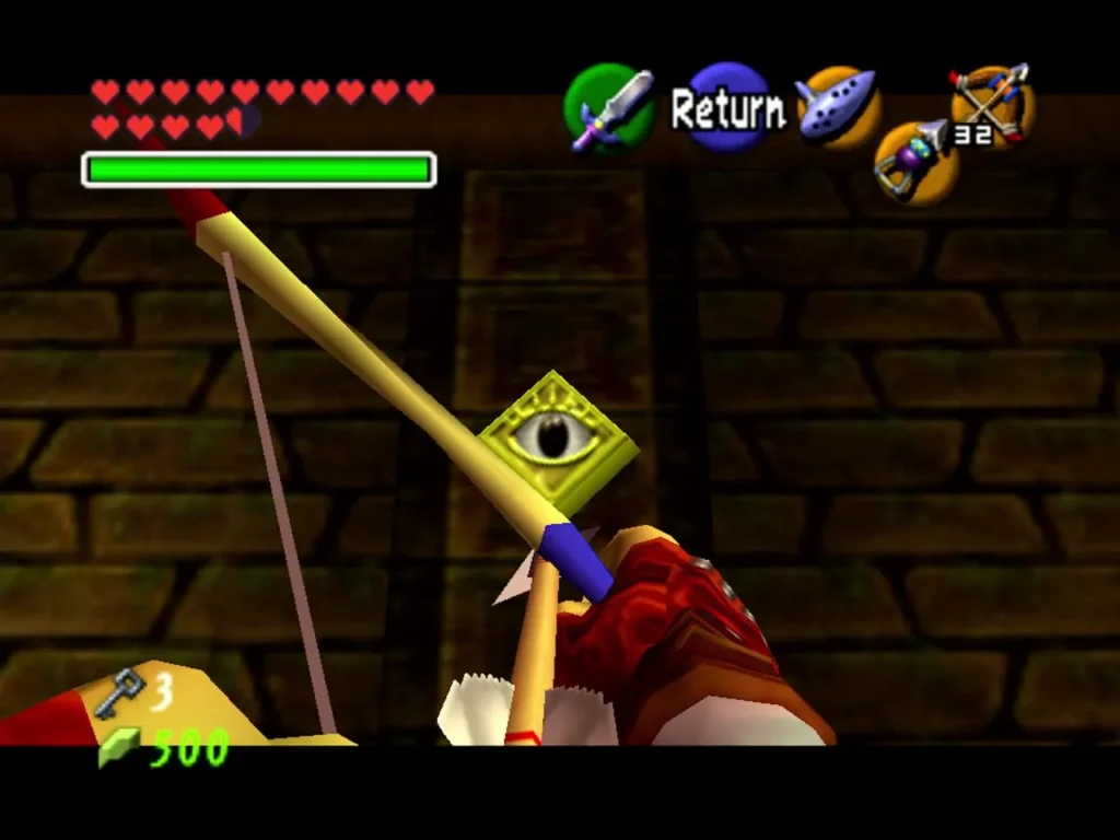 Link shooting an eye target set in the dungeon wall with the Fairy Bow Link shooting an eye target set in the dungeon wall with the Fairy Bow