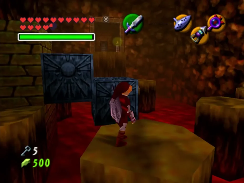Link on a lava-room platform beside two stone blocks Link on a lava-room platform beside two stone blocks