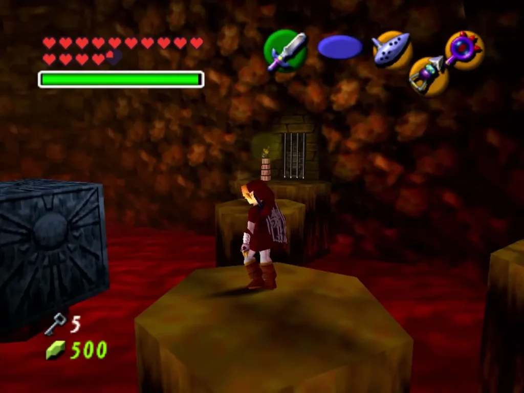 Link on a lava-room platform beside a caged brazier Link on a lava-room platform beside a caged brazier