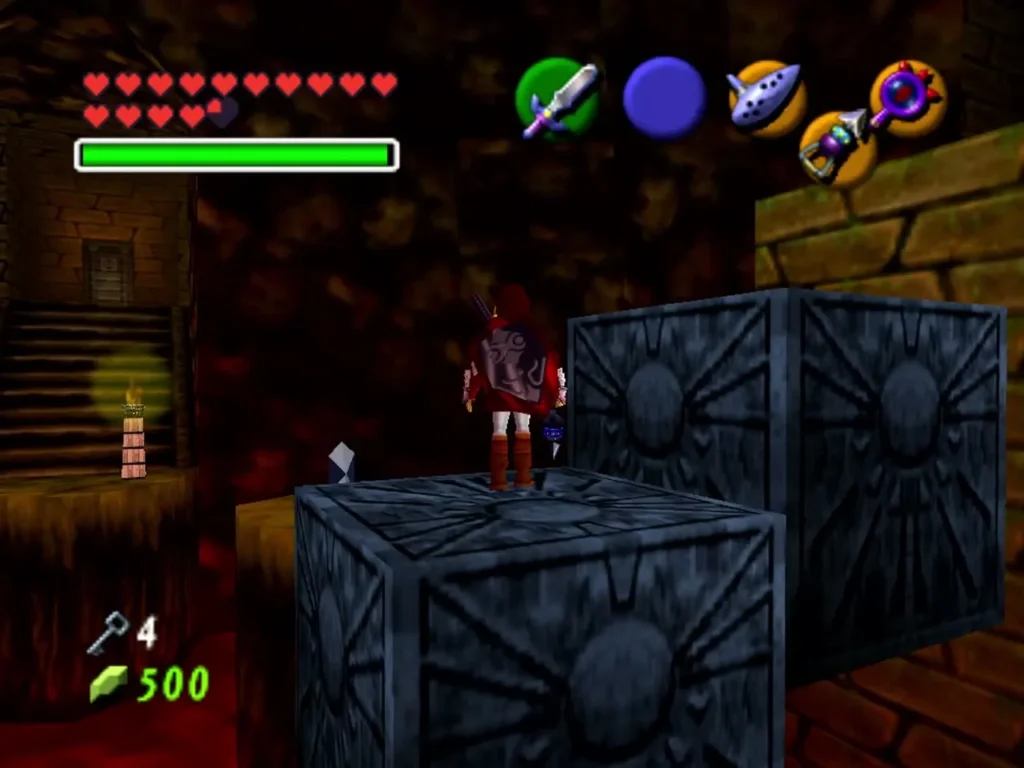 Link standing on top of a stone Time Block in the lava room Link standing on top of a stone Time Block in the lava room