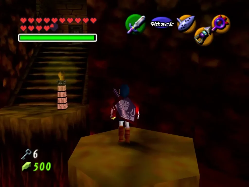Link on a lava-room platform below a staircase with a lit brazier Link on a lava-room platform below a staircase with a lit brazier