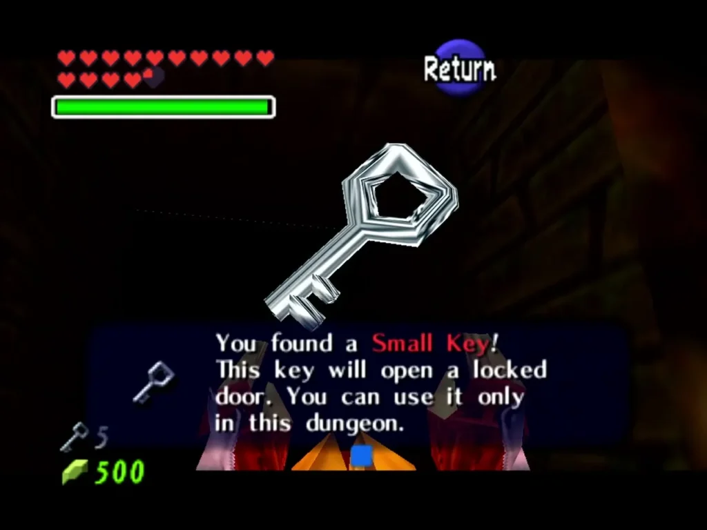 Link holding up a Small Key with the complete message box in the lava room Link holding up a Small Key with the complete message box in the lava room