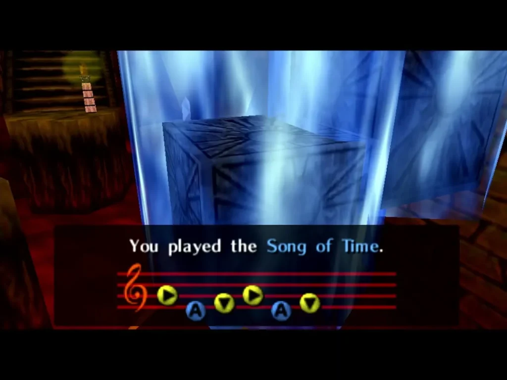 Link playing the Song of Time as a blue Time Block rises in the lava room Link playing the Song of Time as a blue Time Block rises in the lava room