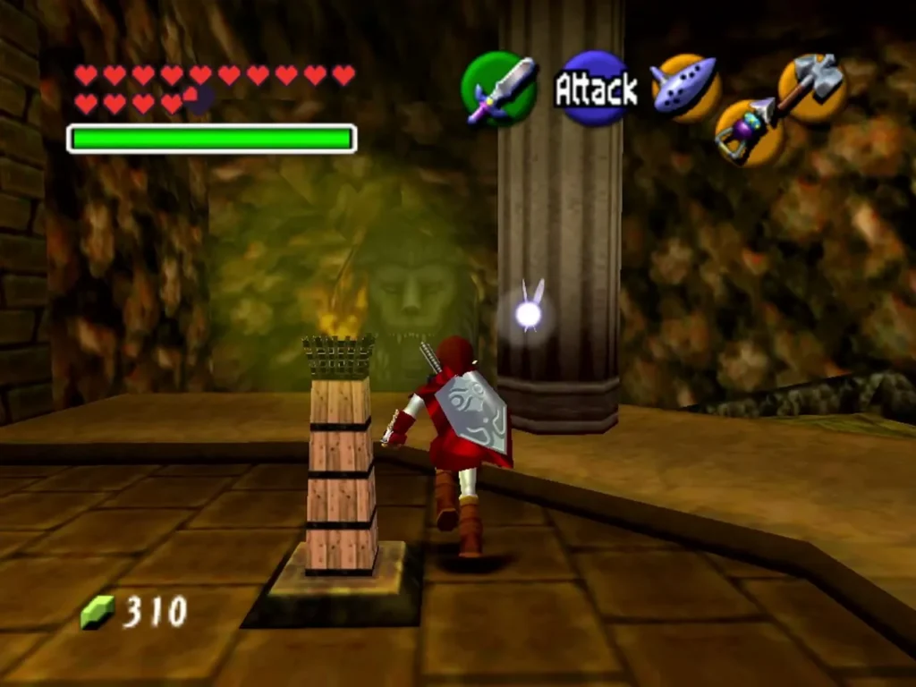 Link beside a lit torch and a wooden crate in the pillared hall Link beside a lit torch and a wooden crate in the pillared hall