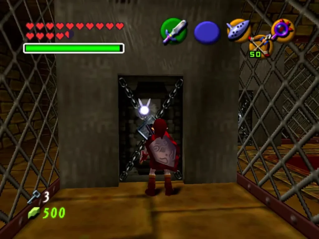 Link before a chained, barred door in the Room of Locks with three keys left Link before a chained, barred door in the Room of Locks with three keys left