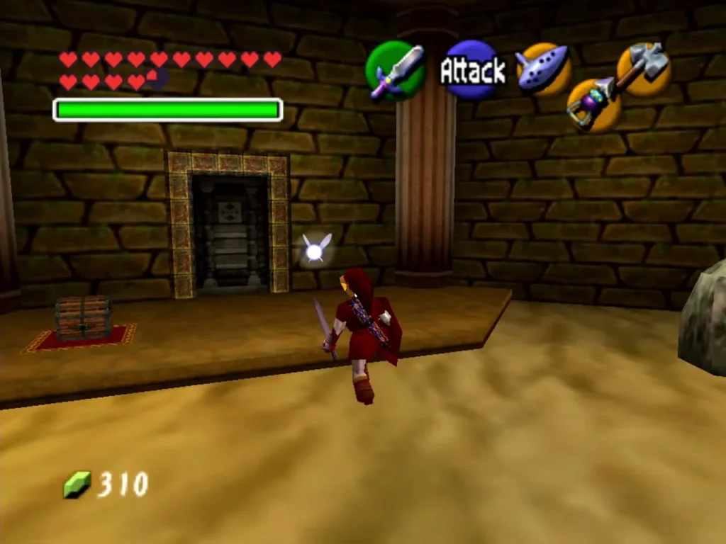 Link in the sandy room after the Stalfos fight, with a chest near the left wall Link in the sandy room after the Stalfos fight, with a chest near the left wall