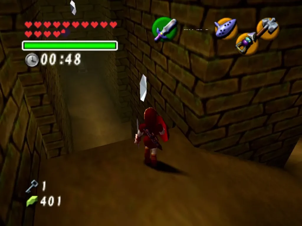 Link in a stone corridor with a silver rupee ahead and the timer at 0:48 Link in a stone corridor with a silver rupee ahead and the timer at 0:48