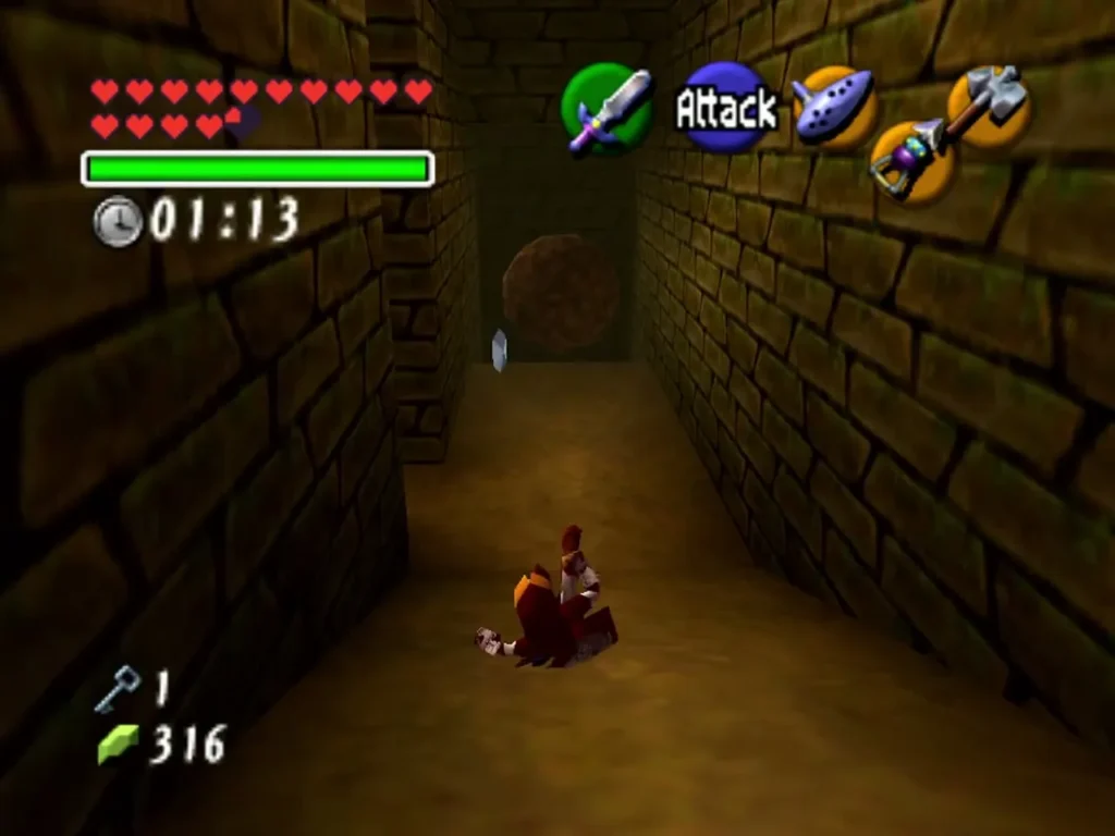 Link in a narrow stone corridor with a rolling boulder ahead and the timer at 1:13 Link in a narrow stone corridor with a rolling boulder ahead and the timer at 1:13