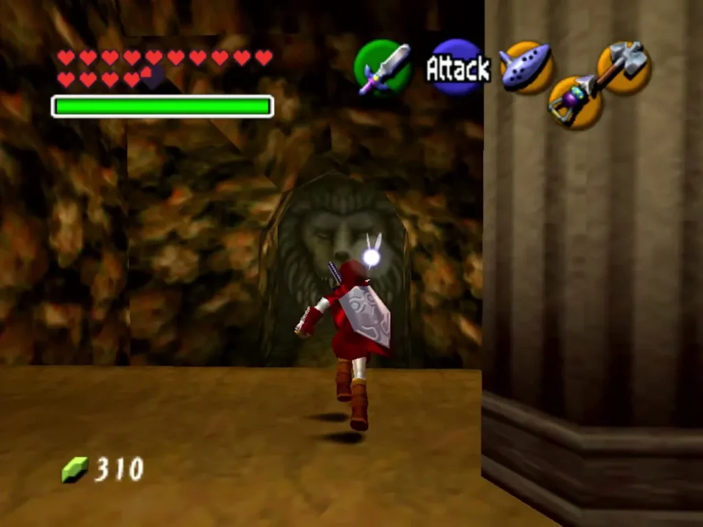 Link walking toward the lion-face gate at the entrance of the Gerudo Training Ground Link walking toward the lion-face gate at the entrance of the Gerudo Training Ground