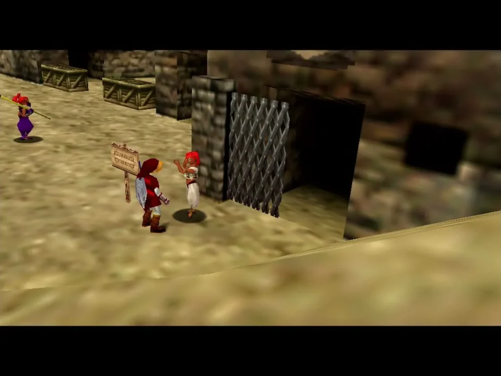 Link beside the Gerudo woman as he walks past the fortress gate Link beside the Gerudo woman as he walks past the fortress gate