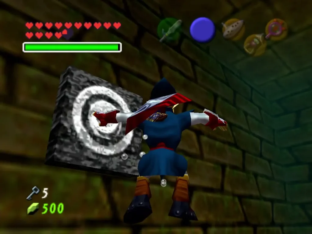 Link aiming the Longshot at a target on a water room wall Link aiming the Longshot at a target on a water room wall