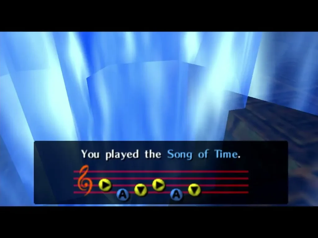 Link playing the Song of Time at the water room entrance as the water curtain rises Link playing the Song of Time at the water room entrance as the water curtain rises