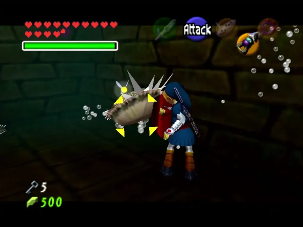 Link in a Zora Tunic fighting a spiked Shell Blade underwater Link in a Zora Tunic fighting a spiked Shell Blade underwater