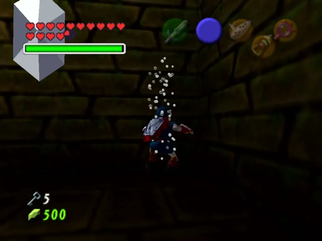 Link swimming up toward the ceiling of the water room Link swimming up toward the ceiling of the water room