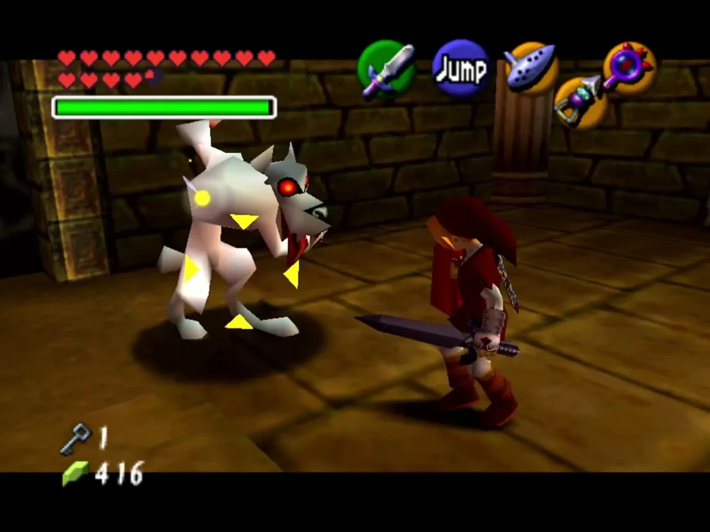 Link fighting a White Wolfos in a stone room Link fighting a White Wolfos in a stone room