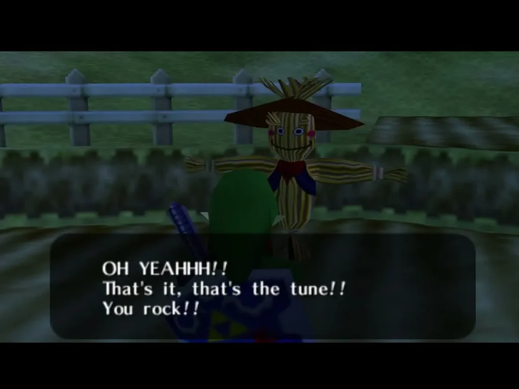 Bonooru the scarecrow shouting that Link's tune rocks in a full dialogue box