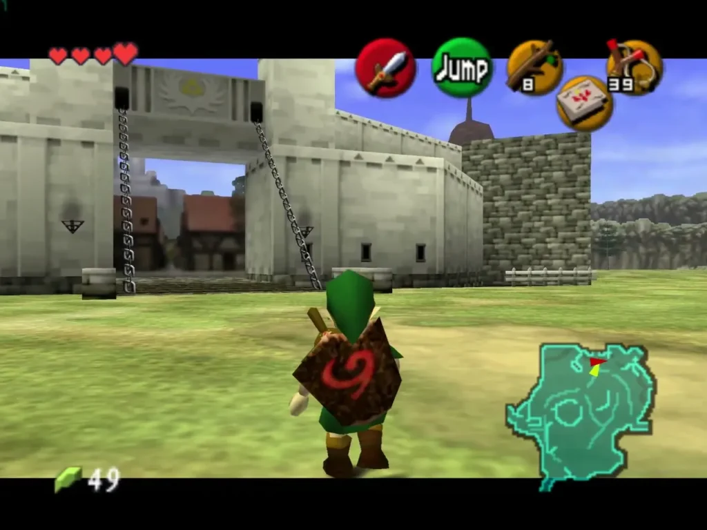 Child Link crossing Hyrule Field toward Lon Lon Ranch with Hyrule Castle behind him