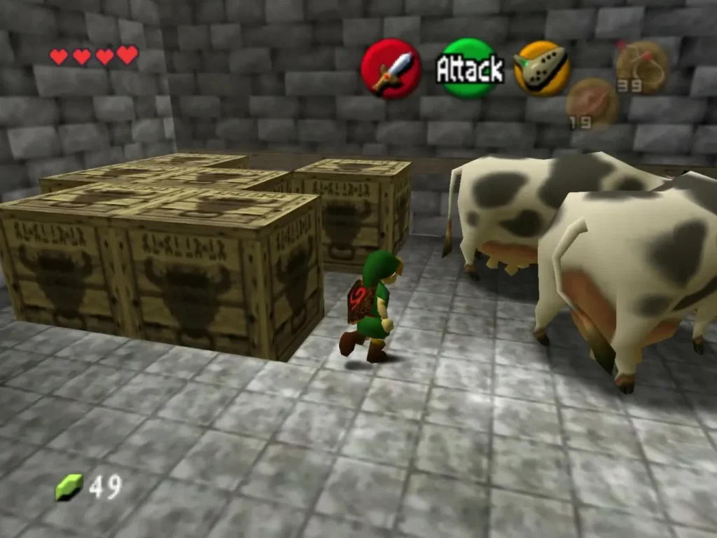 Child Link walking past two spotted cows and stacked crates in the storage tower