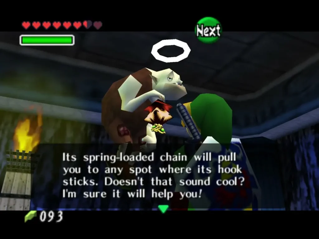 Dampe describing how the Hookshot's spring-loaded chain pulls you to any spot where its hook sticks