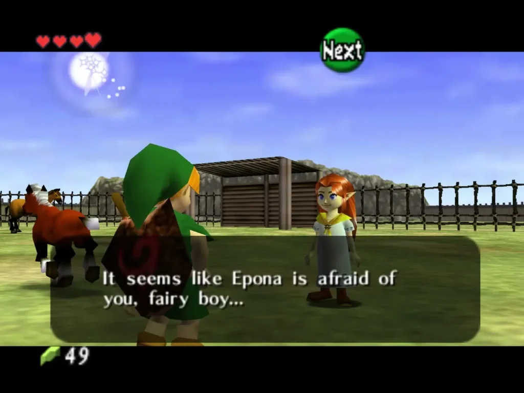 Malon saying Epona is afraid of Link while the foal runs off