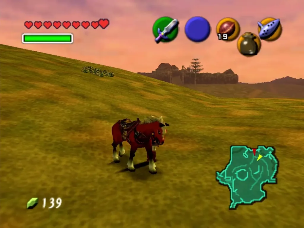 Riderless Epona standing on a grassy Hyrule Field hillside at sunset