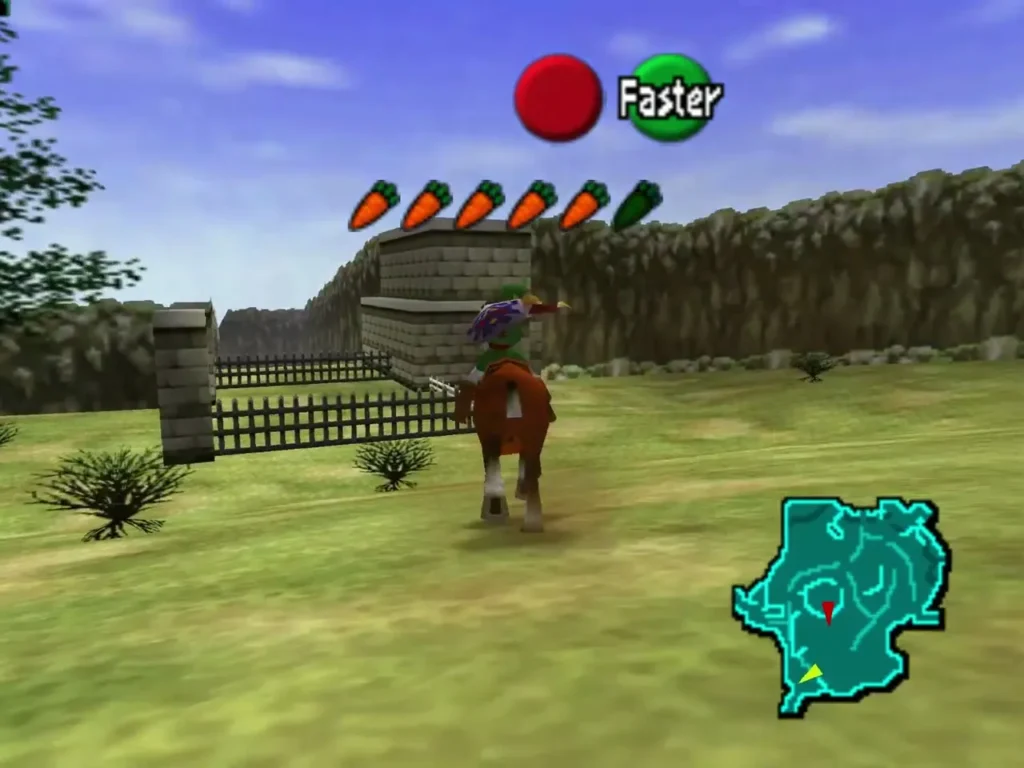 Link on Epona with the carrot row full, approaching a wooden fence between stone gateposts head-on