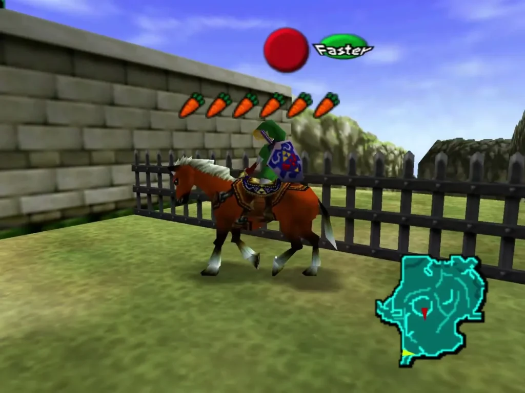 Link and Epona leaping over a wooden fence beside the ranch's stone wall