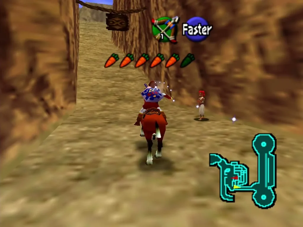 Adult Link on Epona riding a sandstone course lane toward a distant figure