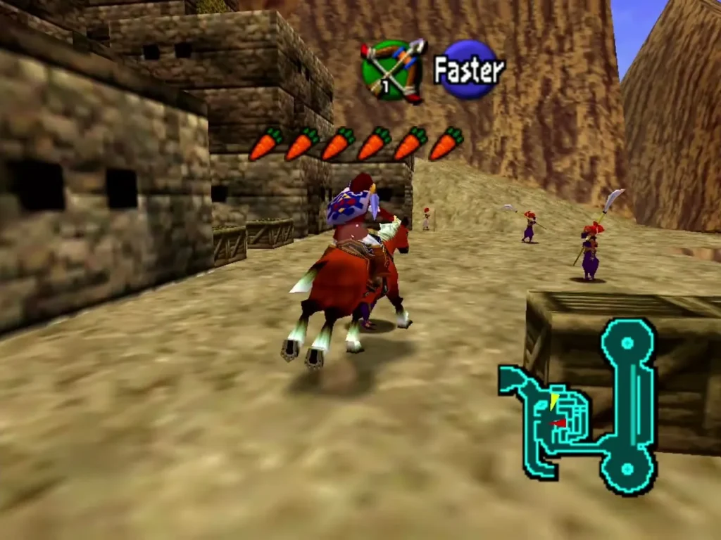 Adult Link on Epona racing past guards on the Gerudo's Fortress horse course