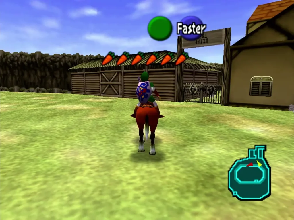 Link riding Epona toward the ranch sign and gate on the way out