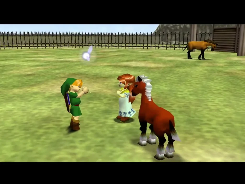 Epona standing calmly beside Link and Malon after Epona's Song