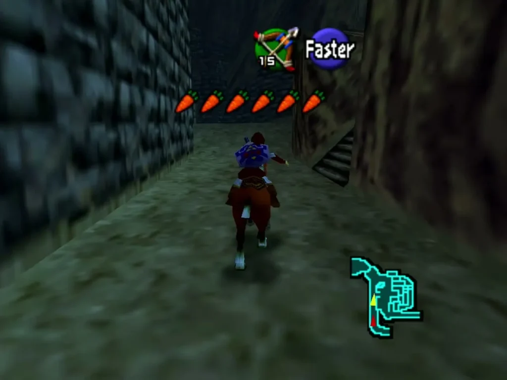 Link riding Epona through a stone passage in the Gerudo's Fortress grounds