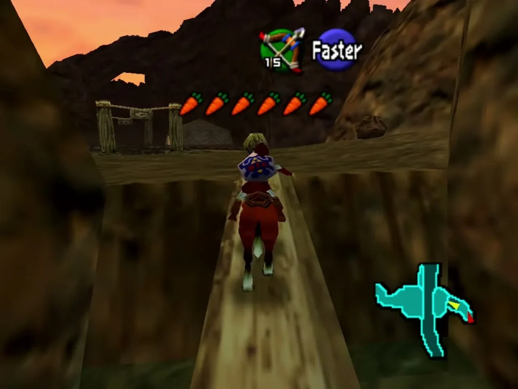 Link riding Epona along a narrow Gerudo Valley road at sunset
